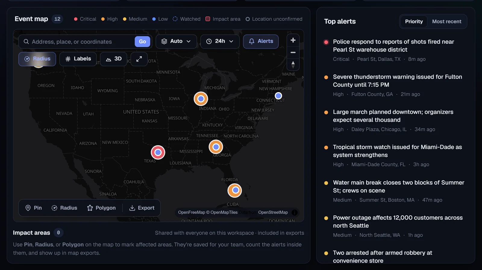 The event map with alerts pinned near each watched site, beside the top alerts ranked by priority.