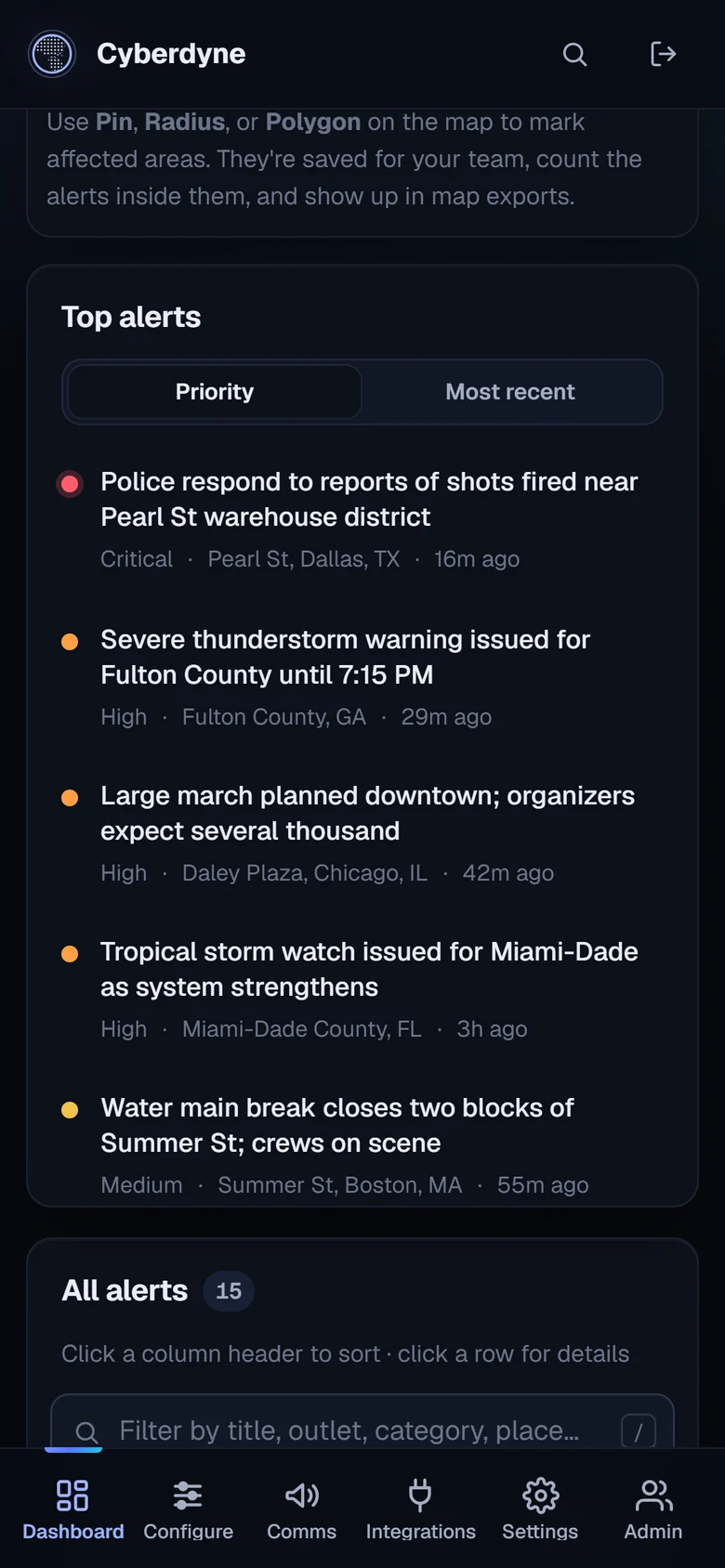 The top alerts on a phone, ranked by priority with the place and time.